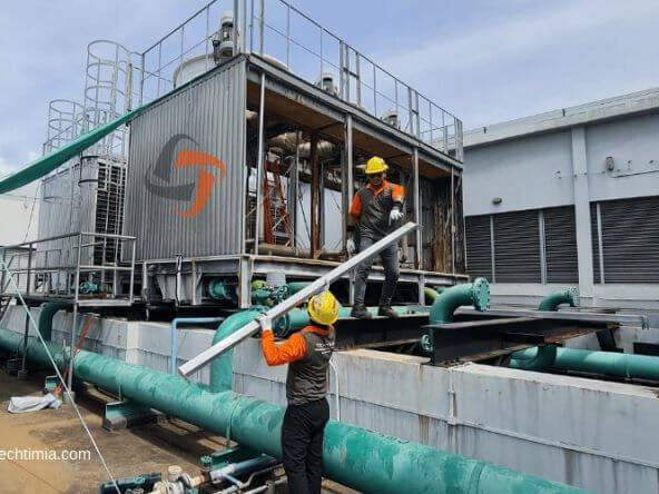 ACMV air handling unit with ductwork inside commercial facility Singapore